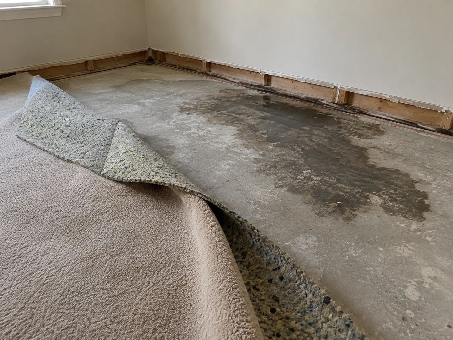 Flooring lifted to dry a damp slab in a Houston home