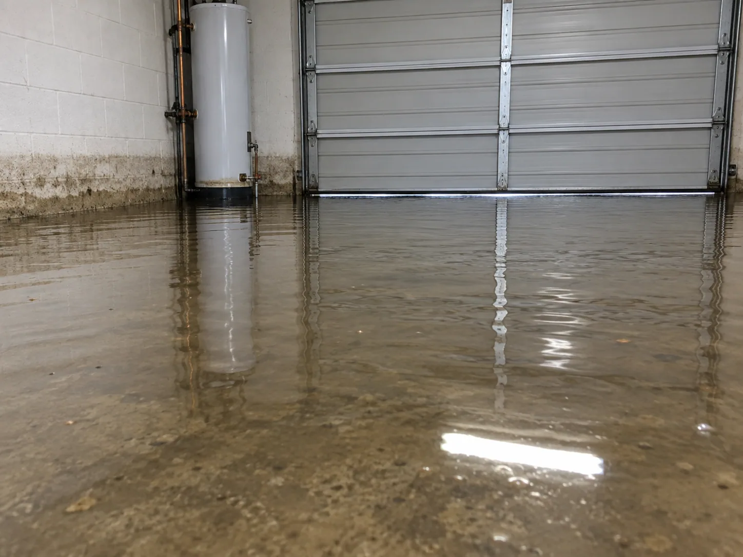 Flood water inside a Houston garage after heavy rain