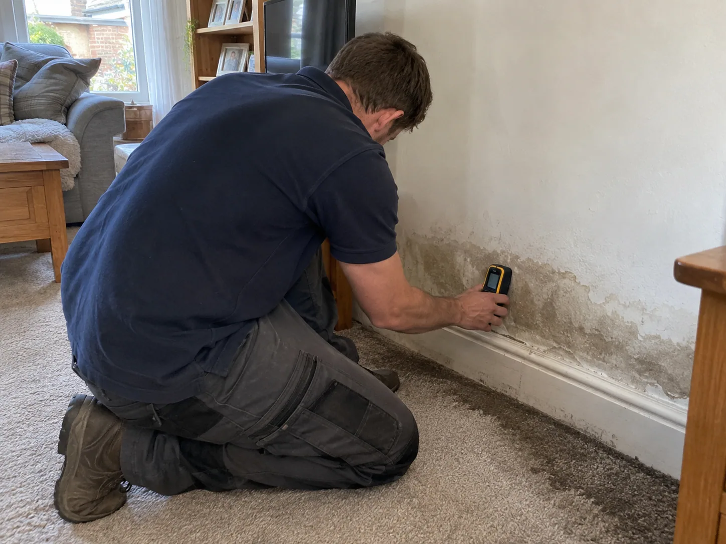 Technician checking moisture in a Houston wall during remediation